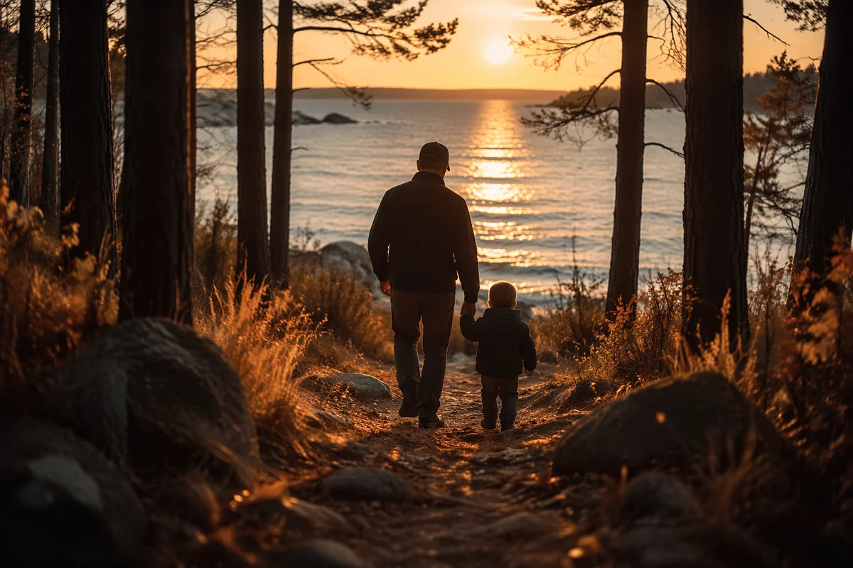 Father and Child Sunset Woodland Walk