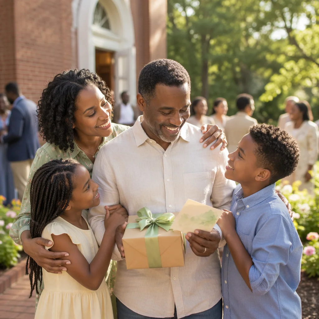 Family Honoring Father Outside Brick Church