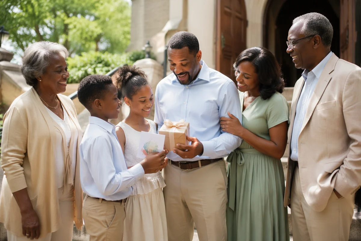 Family Honoring Father Outside Church Entrance