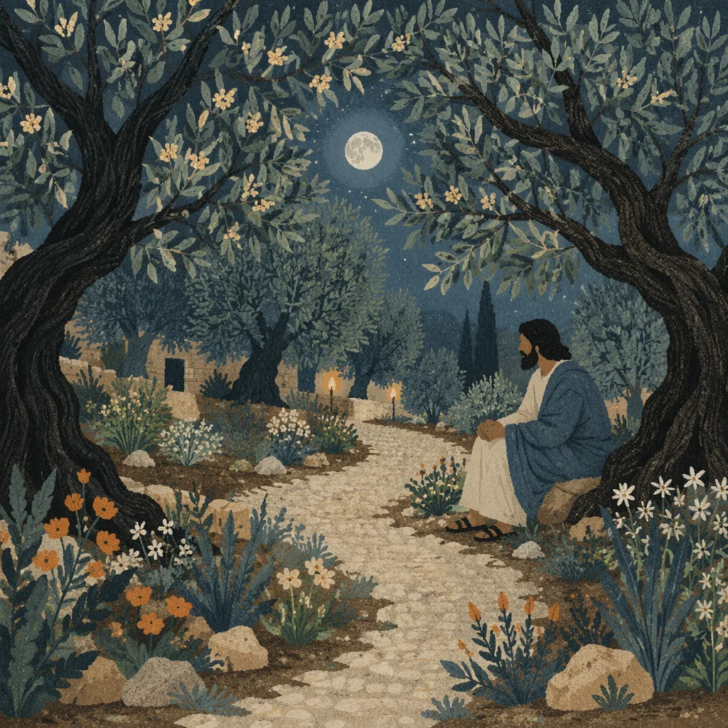 Moonlit Gethsemane Olive Grove in Spring