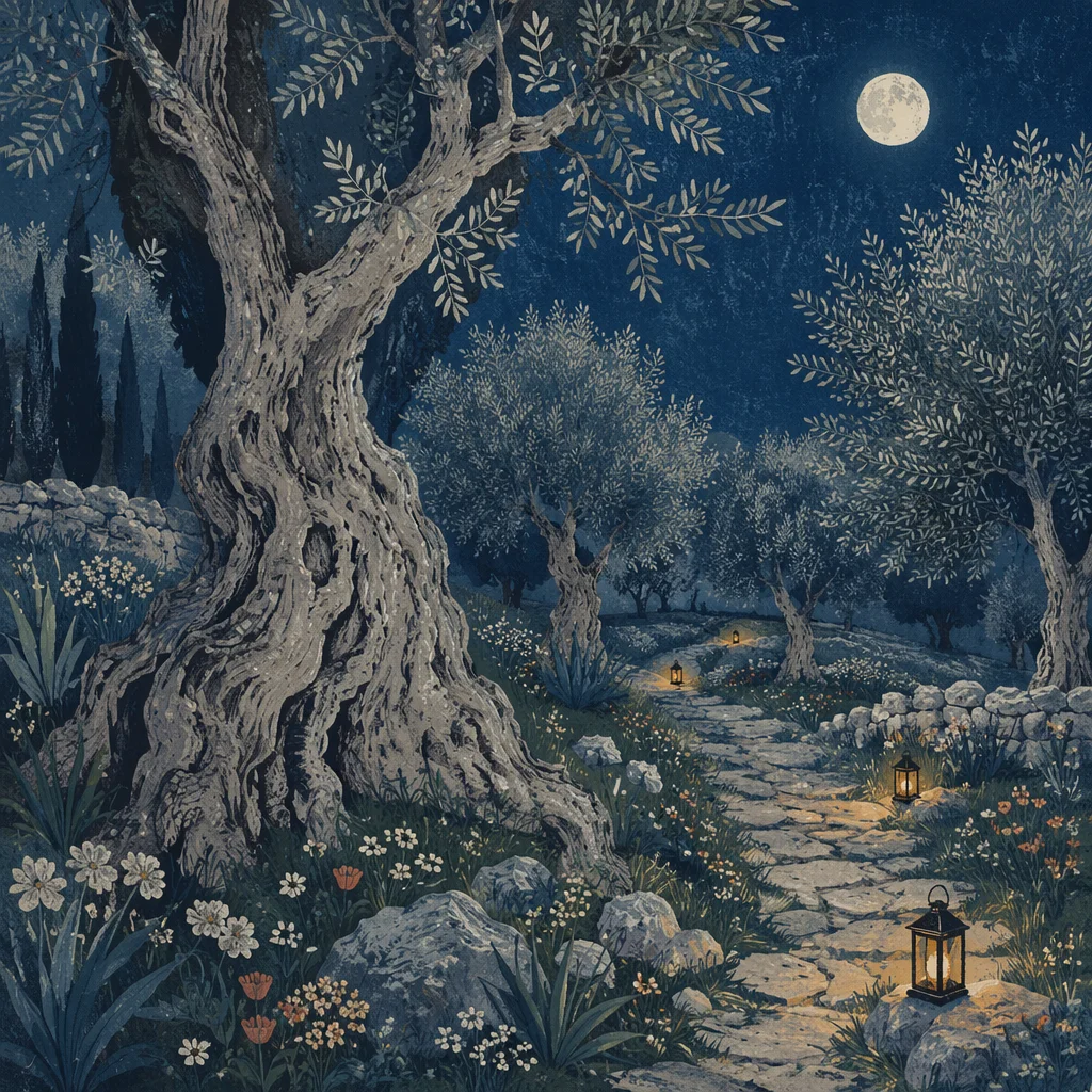 Moonlit Gethsemane Olive Grove in Spring