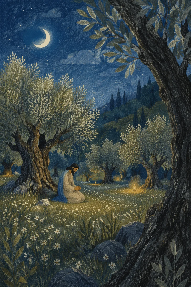 Moonlit Gethsemane Olive Grove in Spring