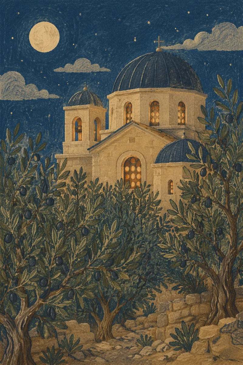 Night Olive Grove Near Historic Chapel