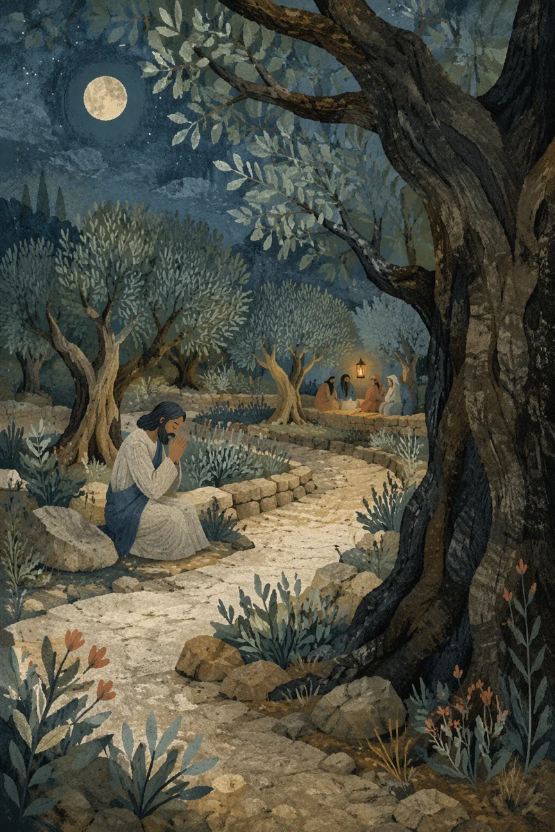 Moonlit Olive Grove Prayer Path
