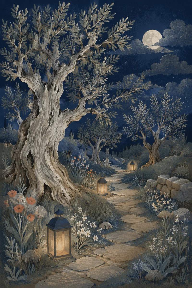 Moonlit Olive Grove Path at Gethsemane