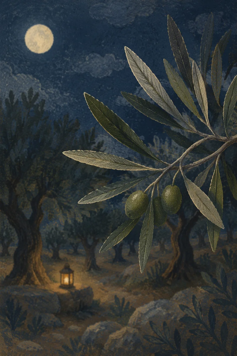 Moonlit Olive Branch in Gethsemane Night