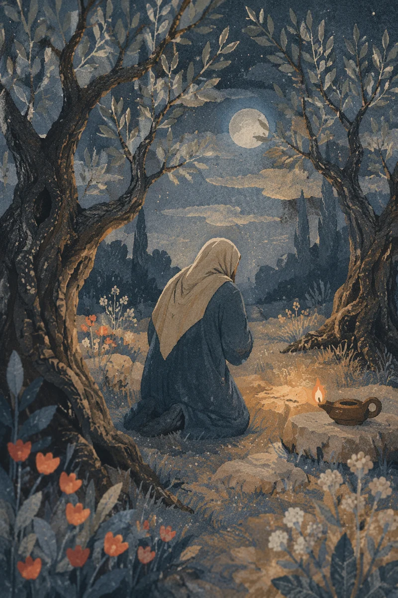 Prayer in Moonlit Olive Grove