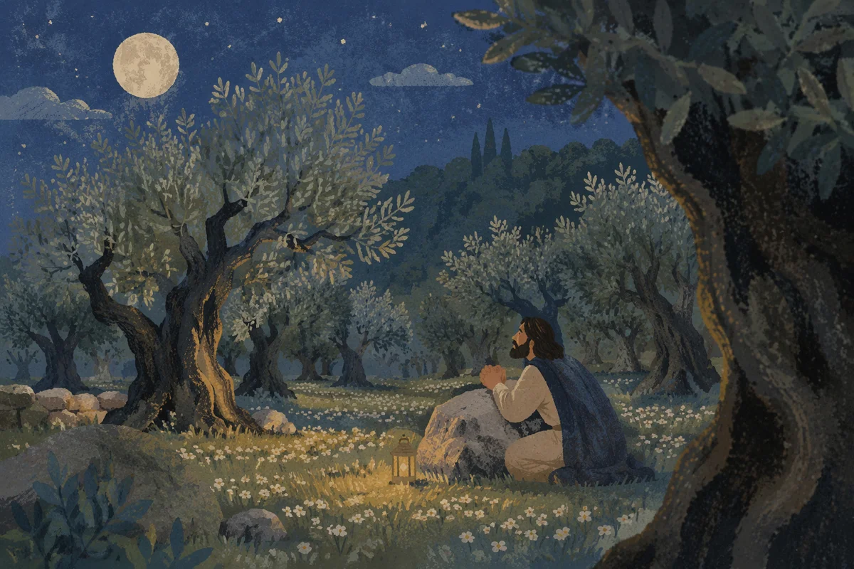 Moonlit Gethsemane Olive Grove in Spring