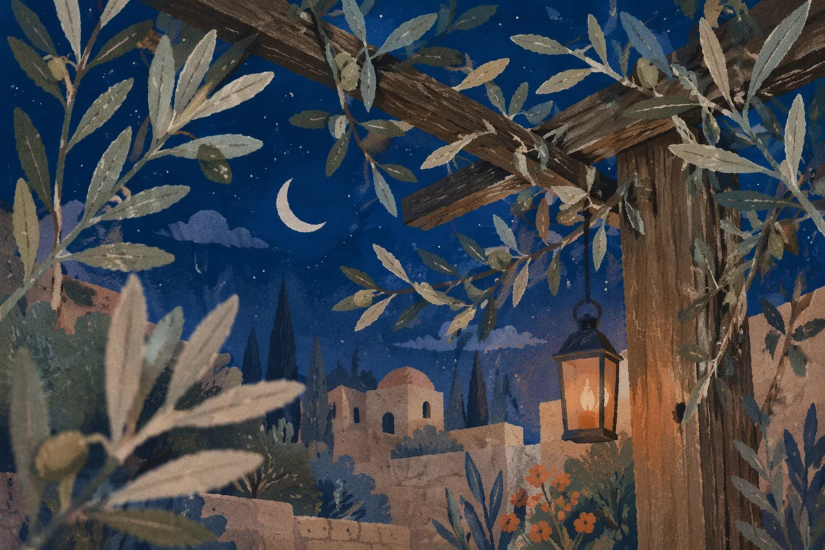 Moonlit Gethsemane Olive Branches and Trellis