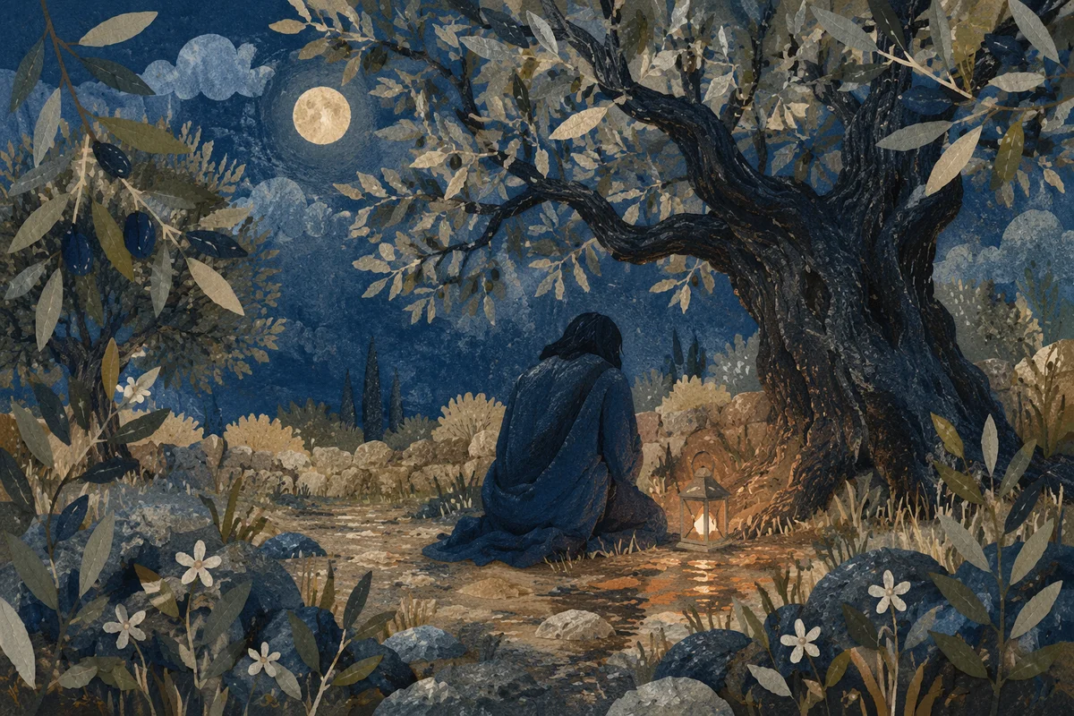 Moonlit Gethsemane Prayer Among Olive Trees