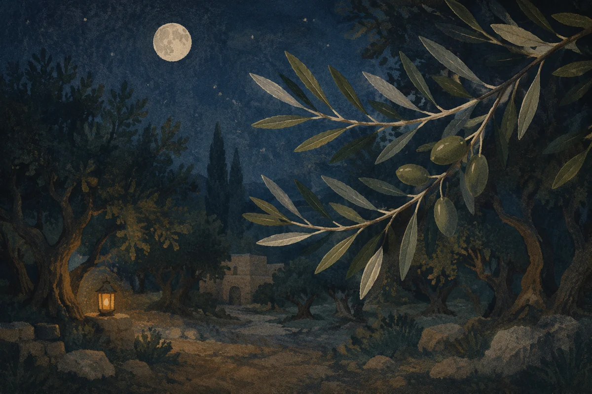 Moonlit Olive Branch in Gethsemane Night