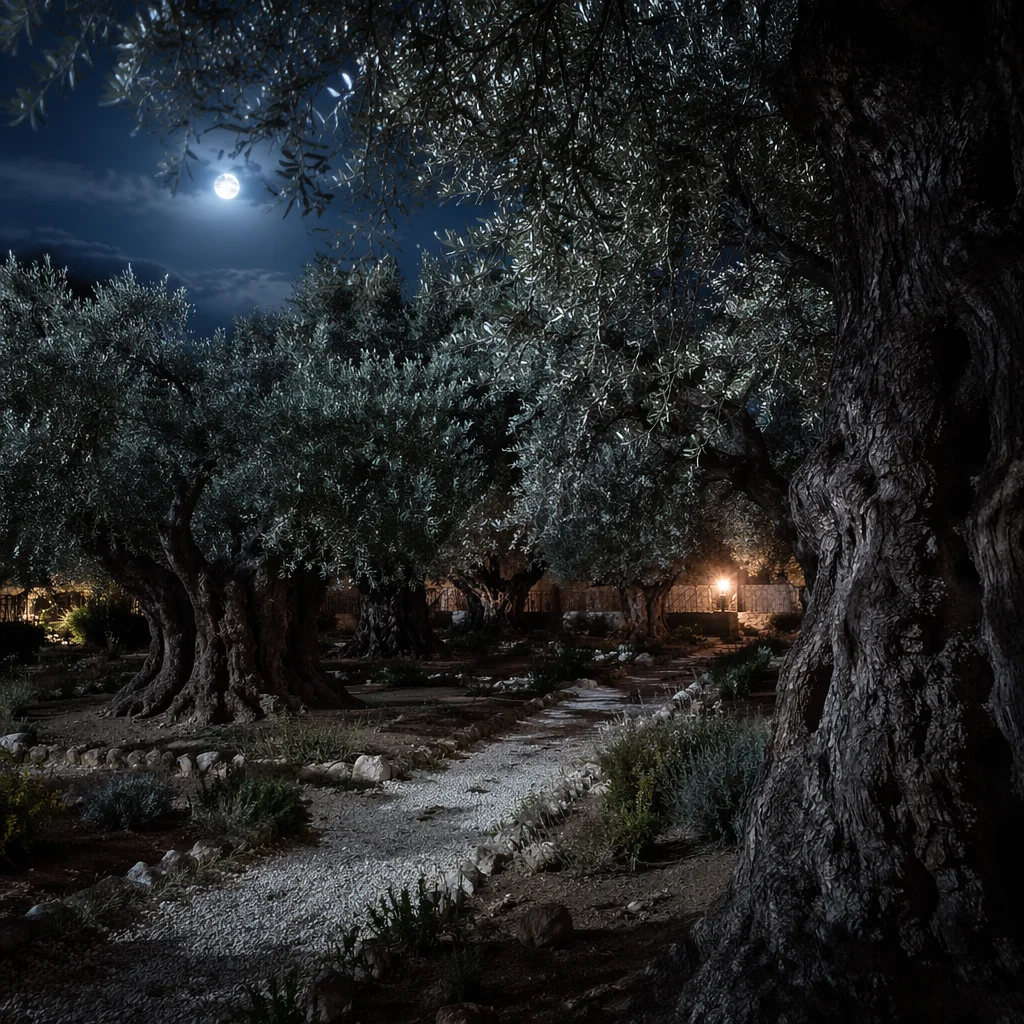 Moonlit Olive Grove Prayer Path