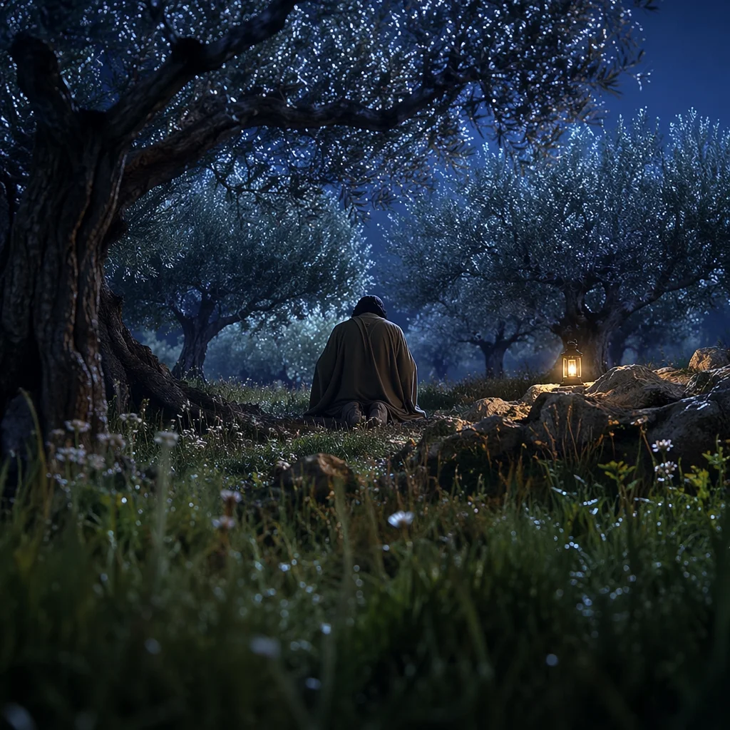 Moonlit Gethsemane Prayer Among Olive Trees
