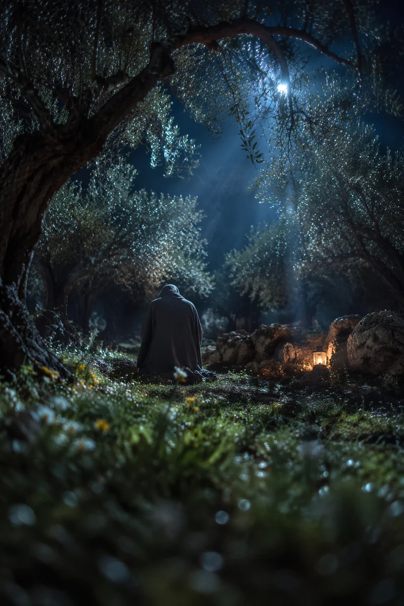 Gethsemane Prayer Beneath Moonlit Olive Trees