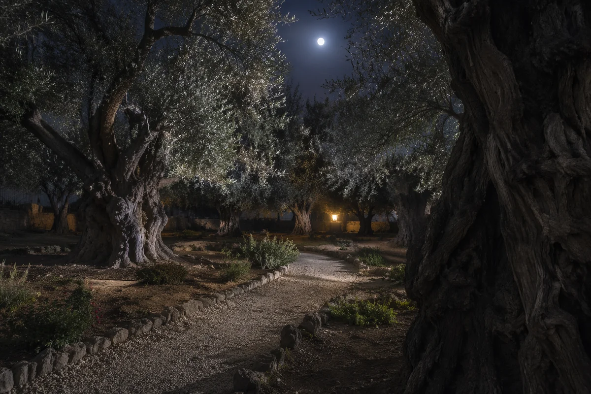 Moonlit Olive Grove Prayer Path