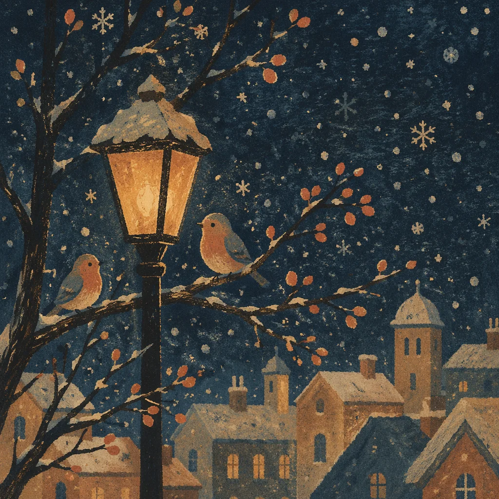 Peaceful Snowfall Under Evening Streetlight
