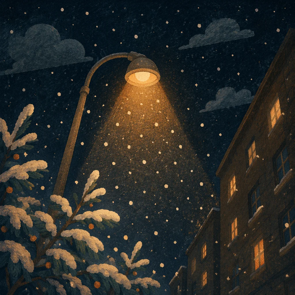 Peaceful Snowfall Beneath Evening Streetlight Glow