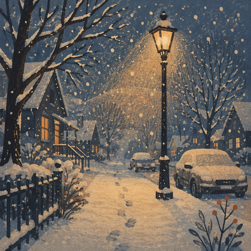 Peaceful Snowfall Beneath Evening Streetlight Glow