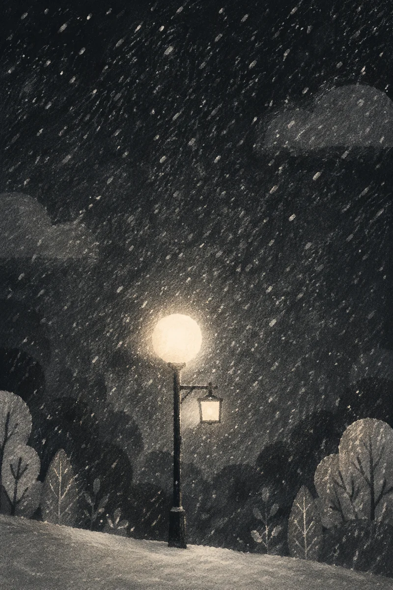 Peaceful Snowfall Under Evening Streetlight Glow