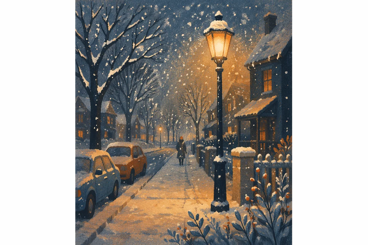 Peaceful Snowfall Beneath Evening Streetlight