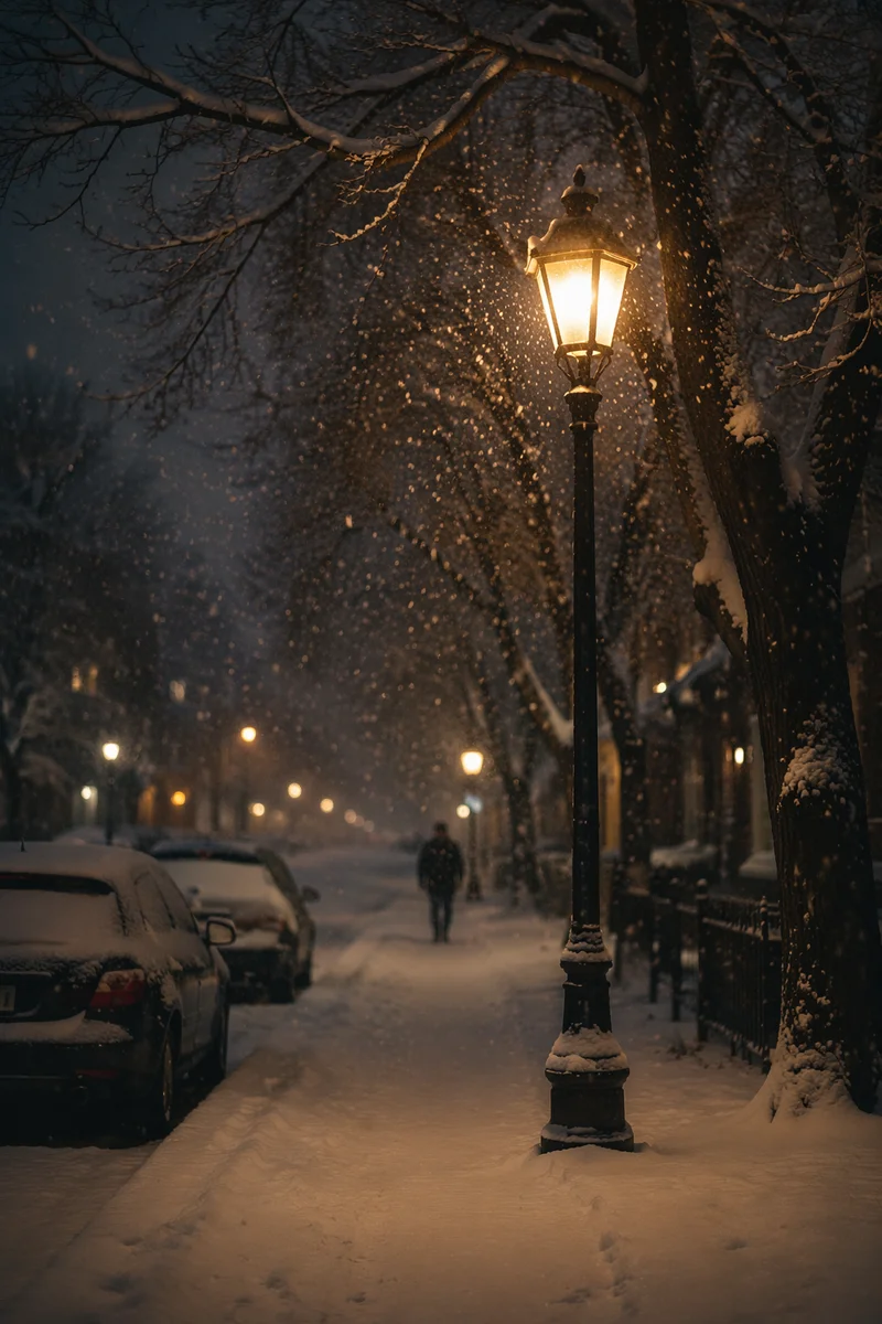 Peaceful Winter Streetlight Snowfall Evening