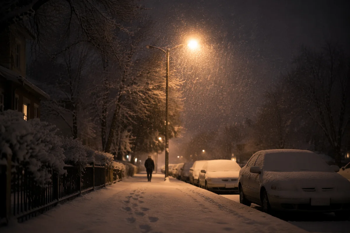 Peaceful Winter Streetlight in Gentle Snowfall