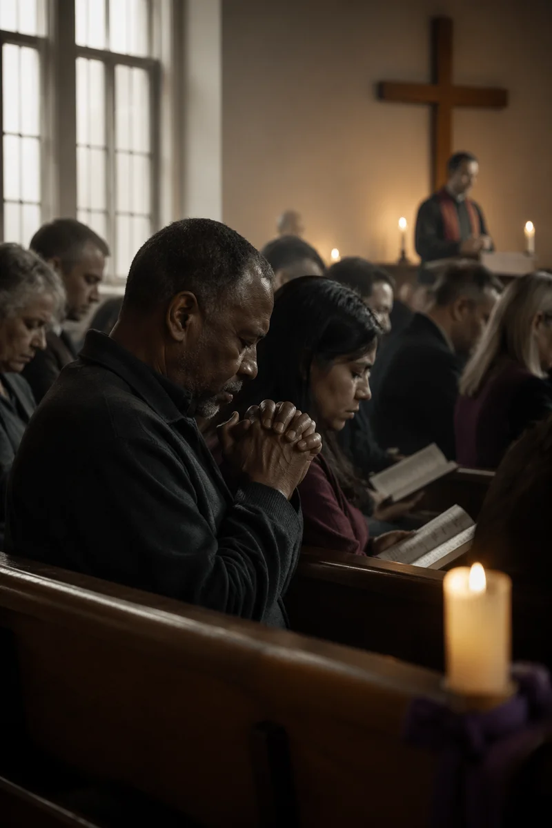 Somber Congregation in Church Sanctuary