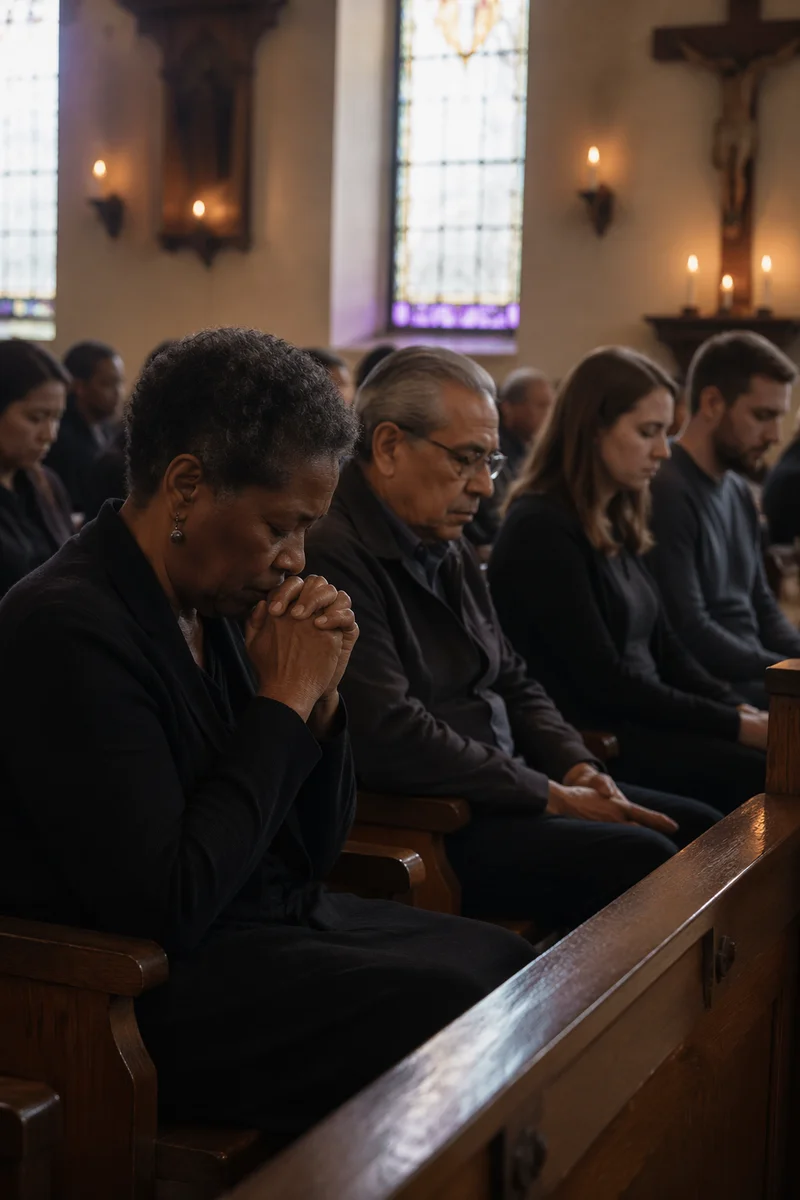 Somber Congregation Praying in Candlelit Church