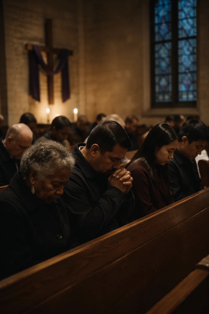 Somber Congregation in Candlelit Church Interior