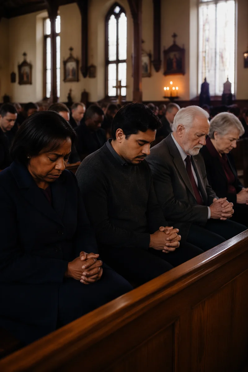 Somber Congregation Praying in Church Interior