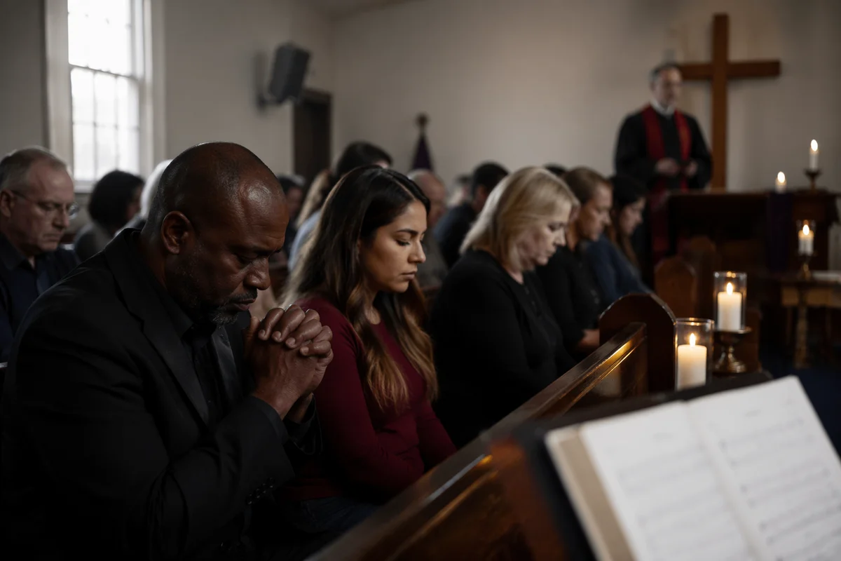 Somber Prayer Service in Church Sanctuary