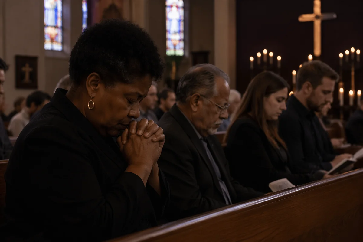Somber Congregation in Candlelit Church Sanctuary