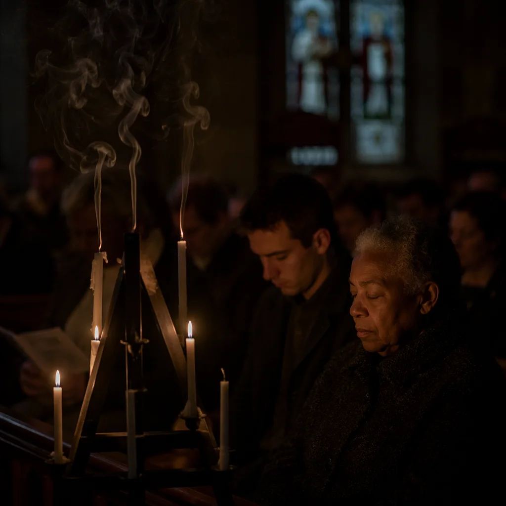 Tenebrae Candles in Dim Chapel Interior