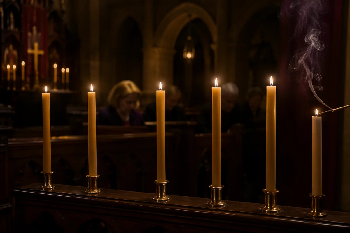 Extinguished Candles in Dim Church Sanctuary