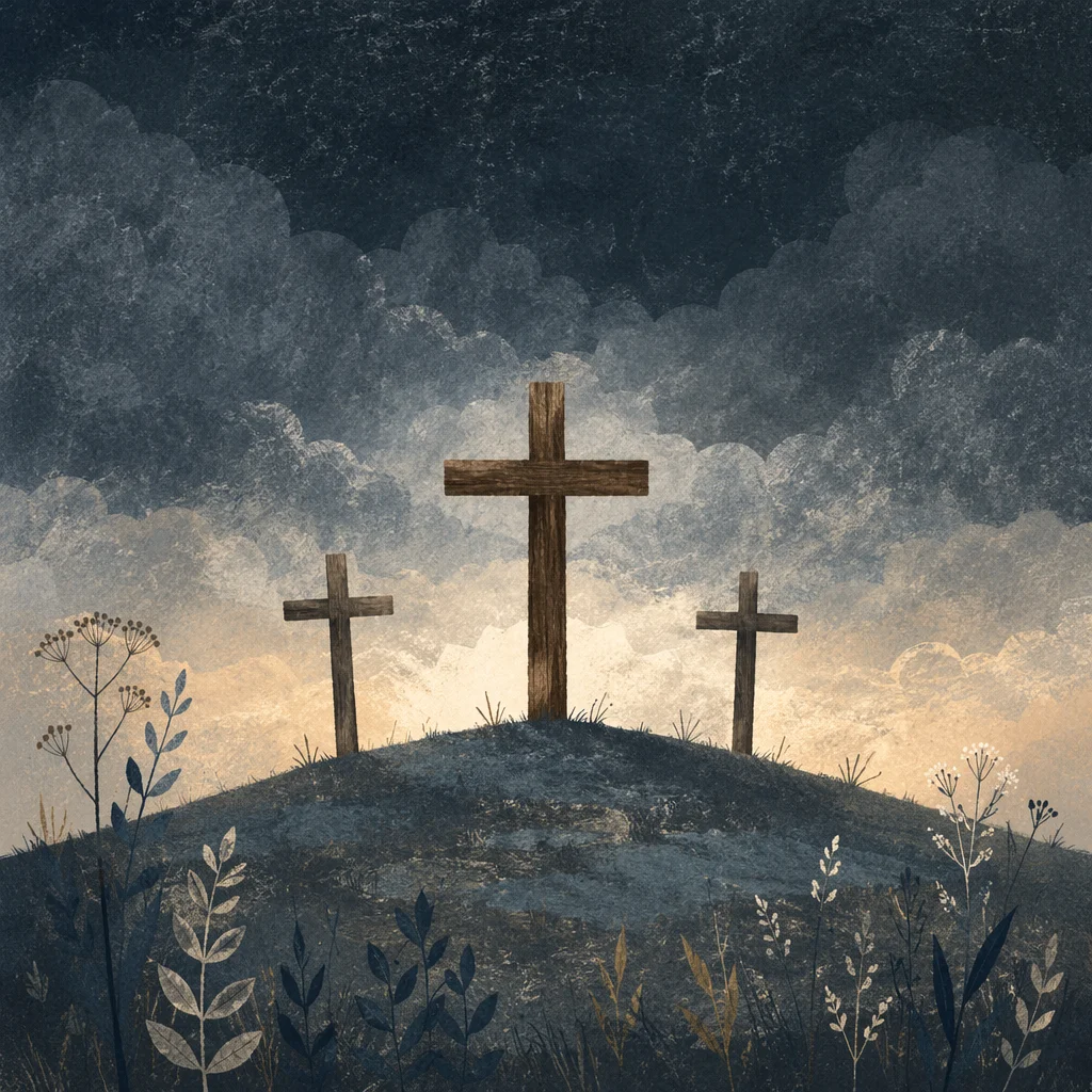 Three Crosses Beneath Dark Good Friday Sky
