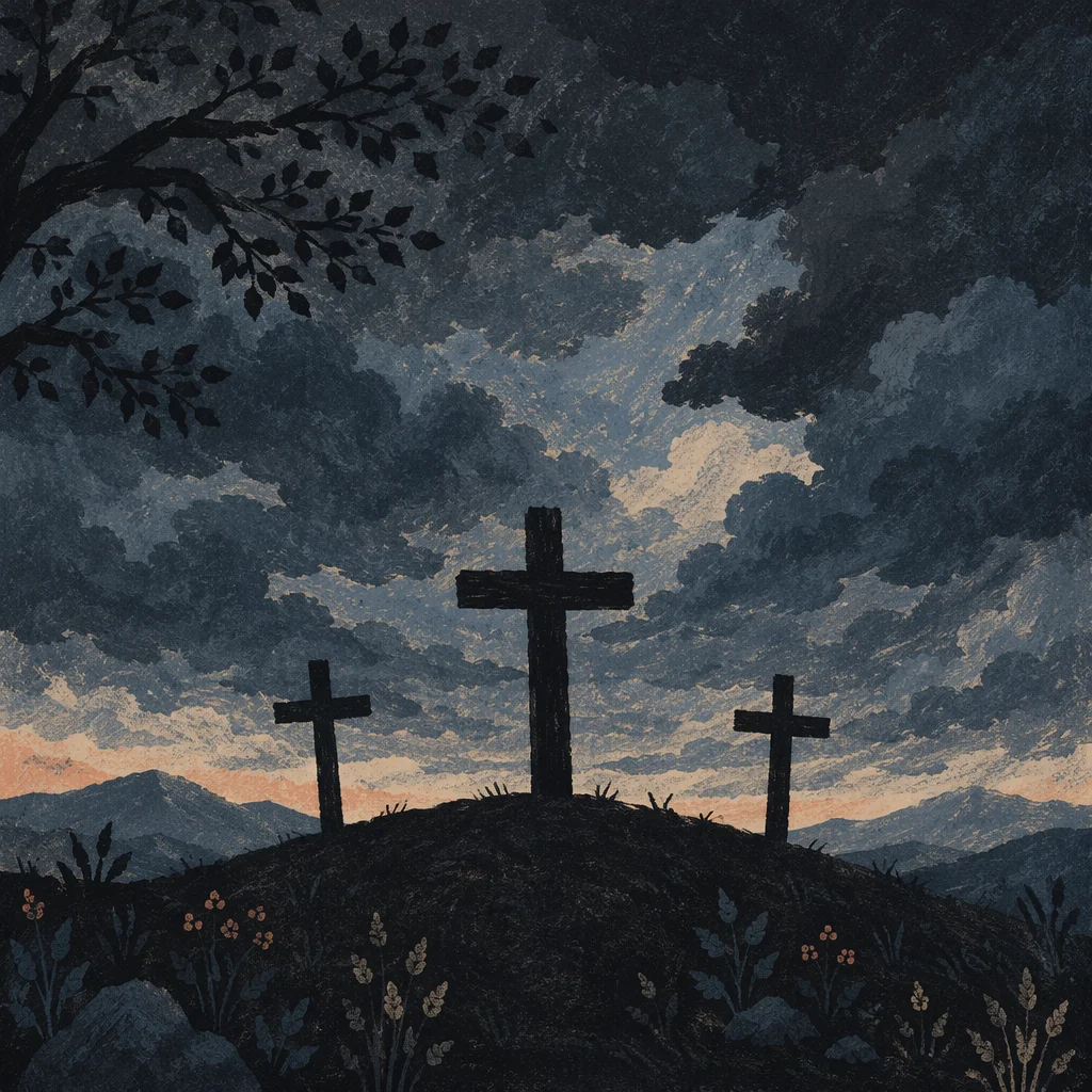 Three Crosses Beneath a Stormy Good Friday Sky