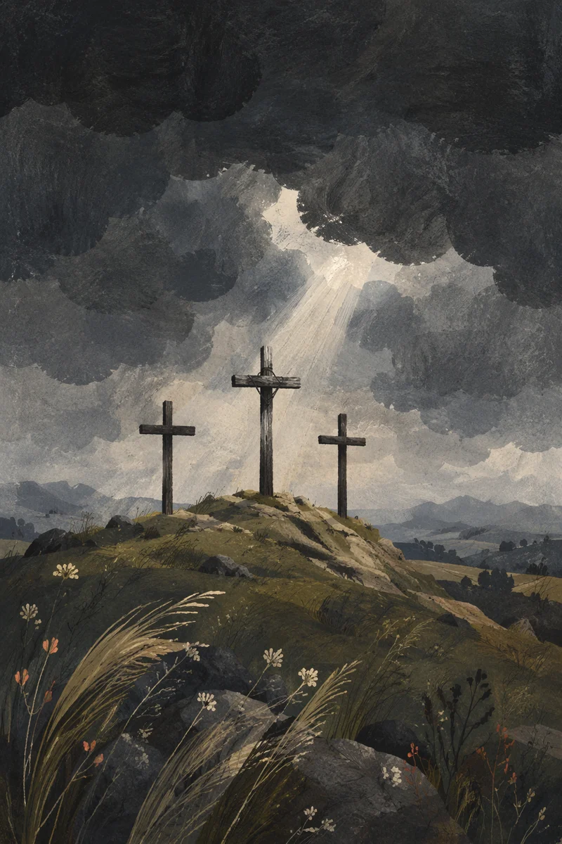 Three Crosses Beneath a Dark Good Friday Sky