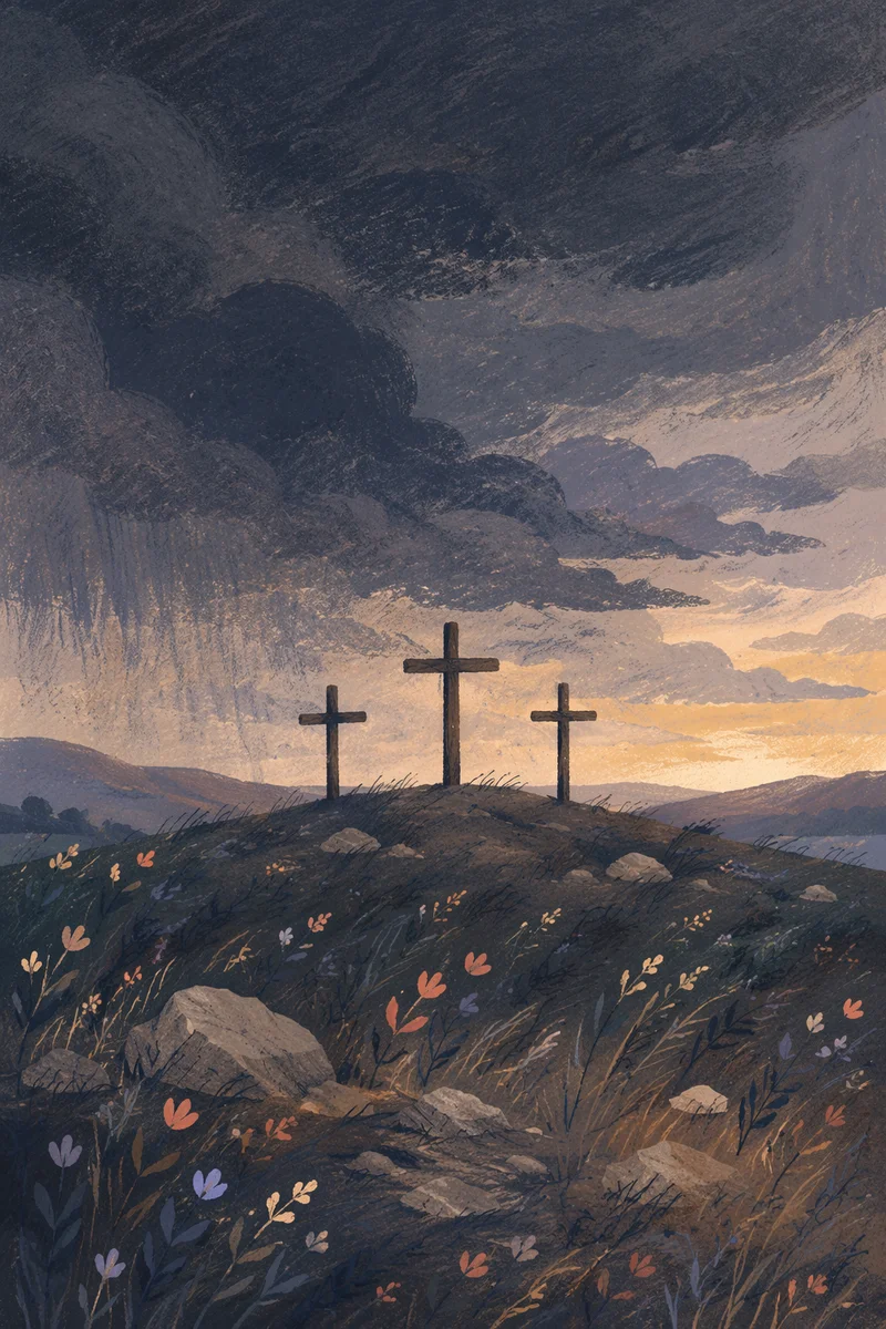 Good Friday Three Crosses Under Storm Sky