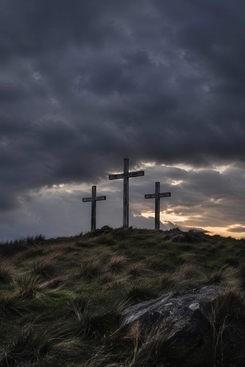 Three Crosses Beneath a Stormy Good Friday Sky