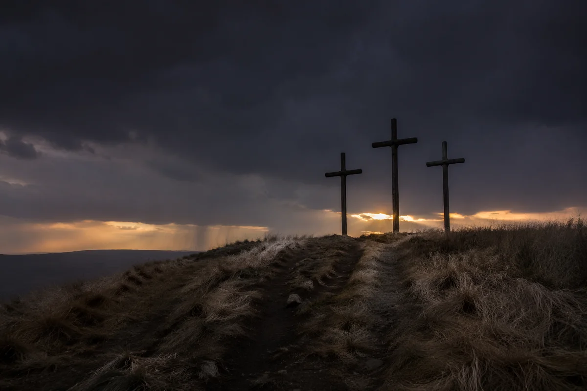 Good Friday Crosses Beneath Stormy Dusk Sky