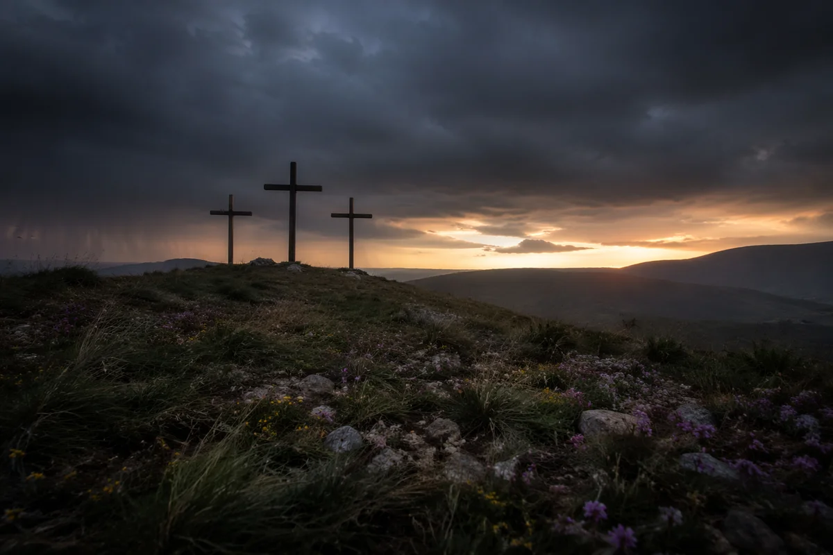 Good Friday Crosses Under Stormy Dusk Sky