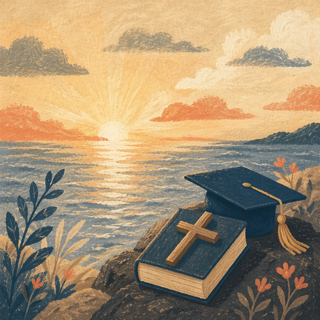 Graduation Cap Bible and Cross at Sunset