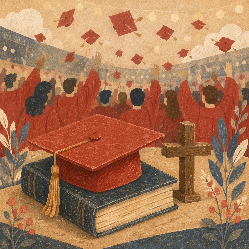 Red Graduation Cap on Bible and Cross