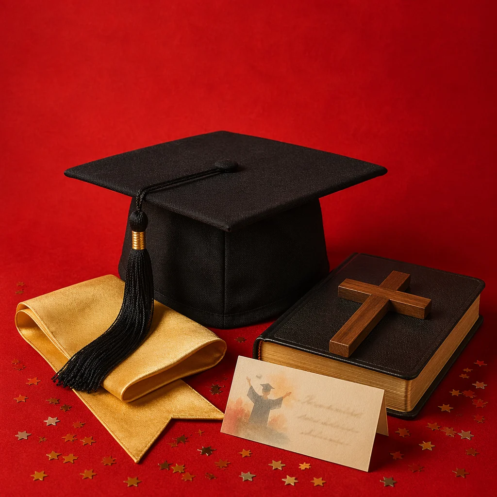Graduation Cap with Bible and Wooden Cross