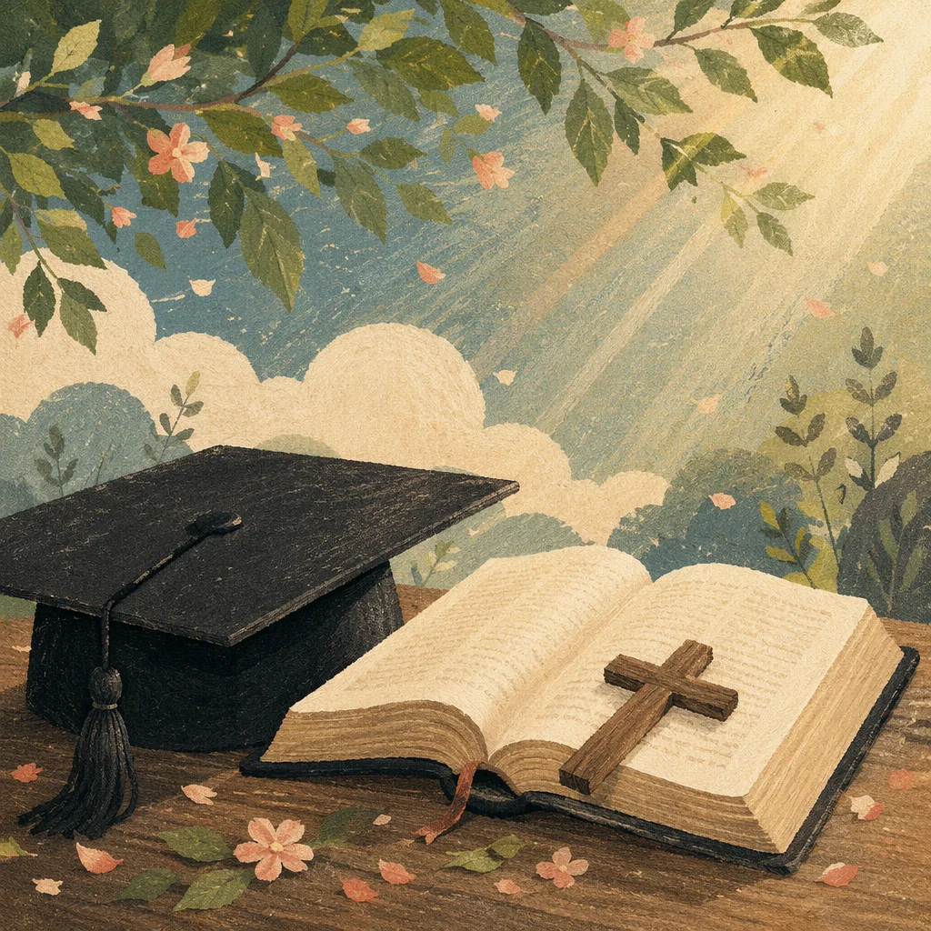 Graduation Cap Bible and Cross in Spring