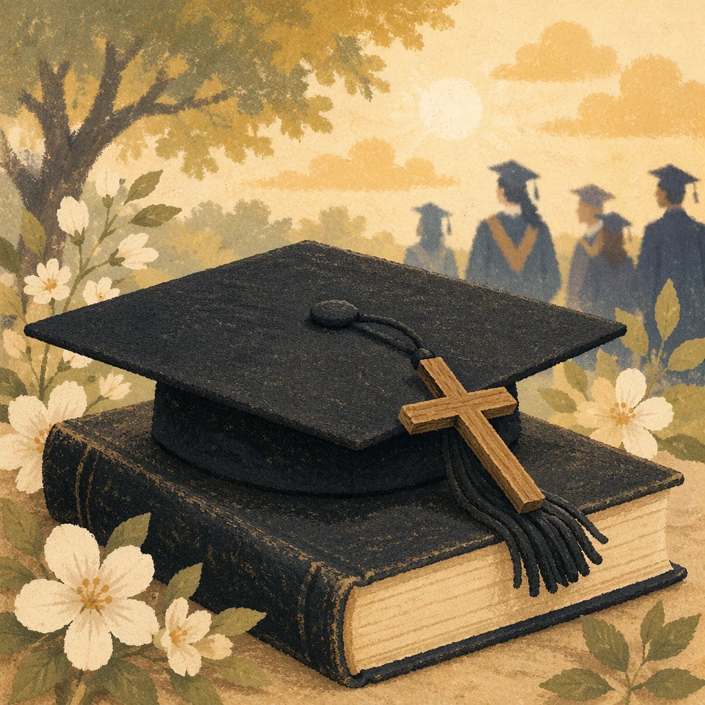 Graduation Cap Bible and Cross in Spring
