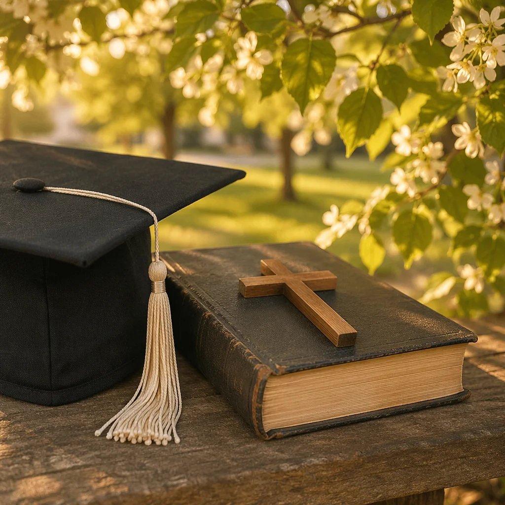 Graduation Cap Bible and Cross in Spring
