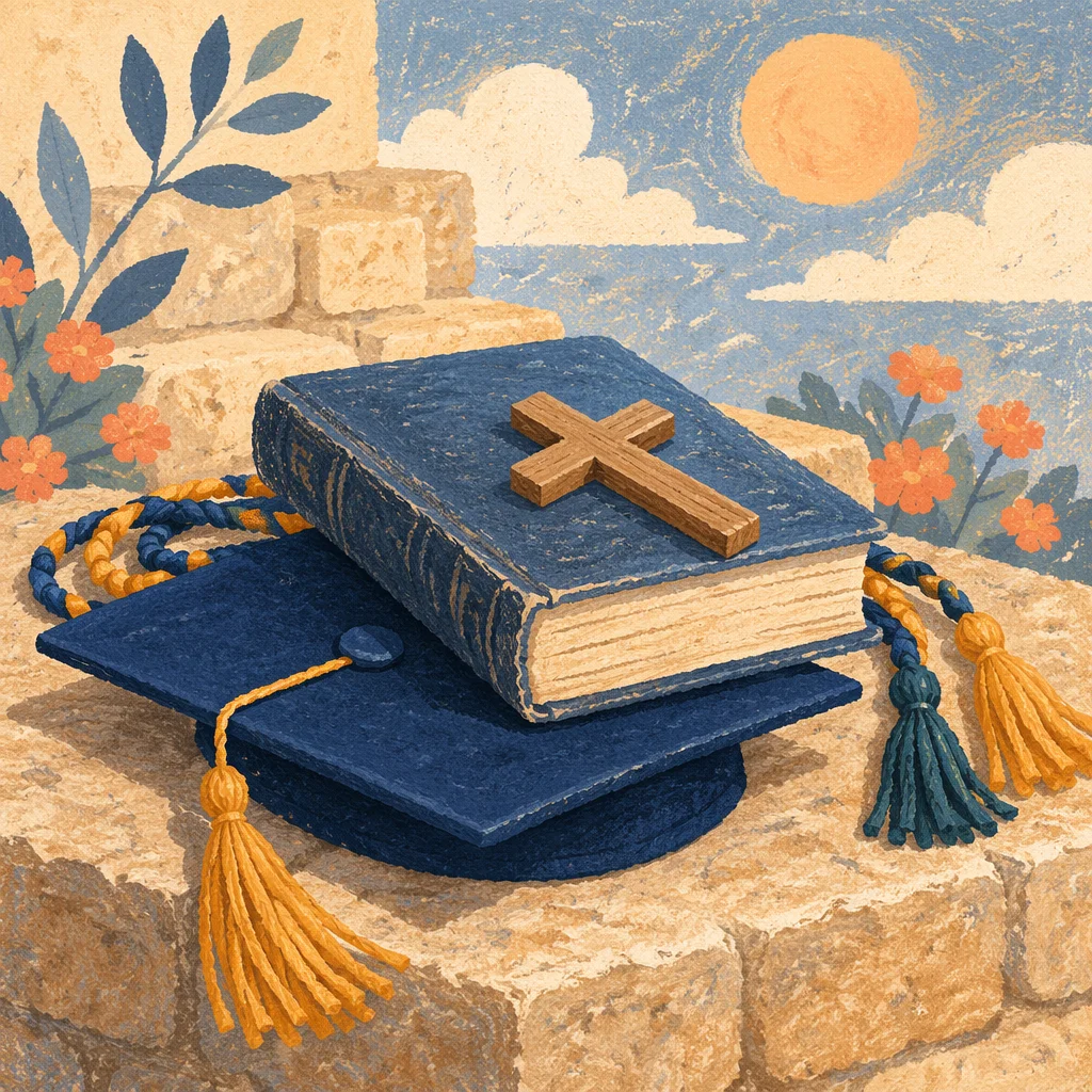 Graduation Cap Bible and Wooden Cross