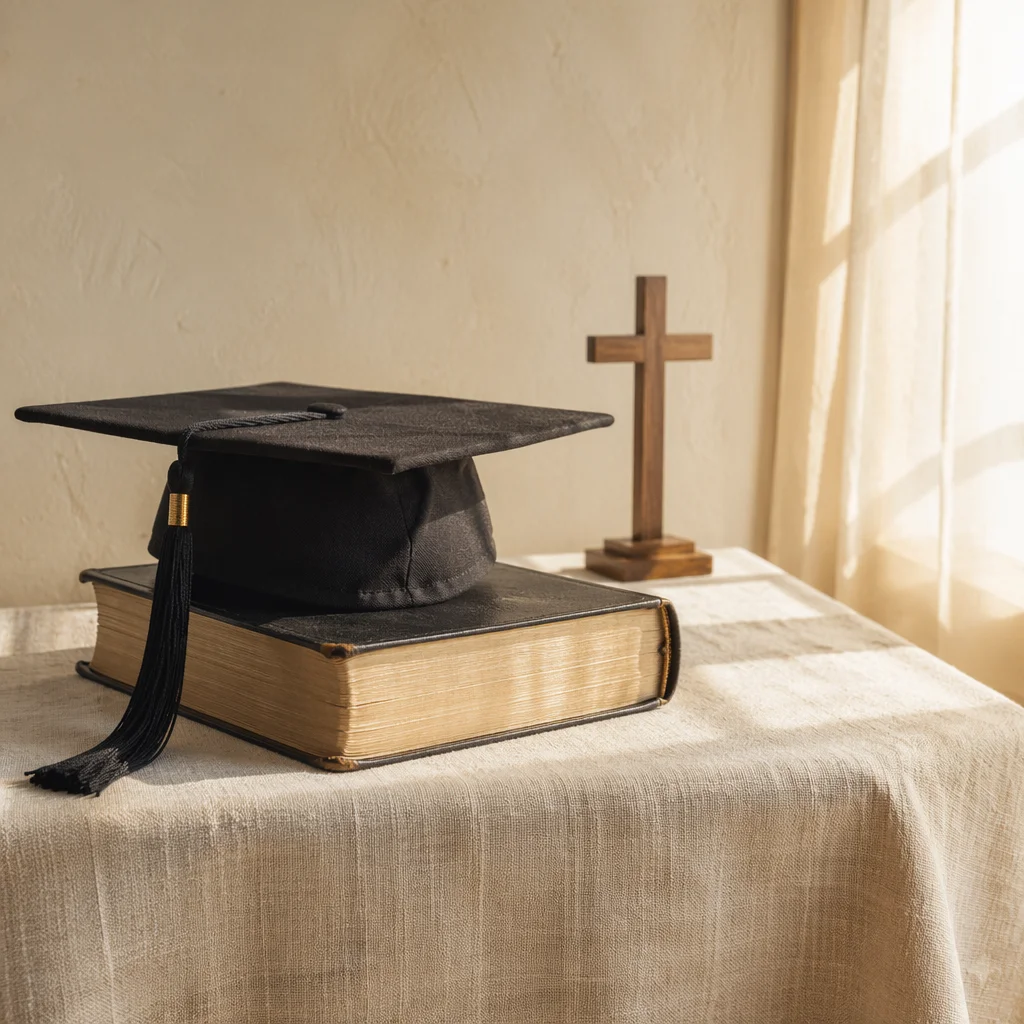 Christian Graduation Cap on Bible with Cross