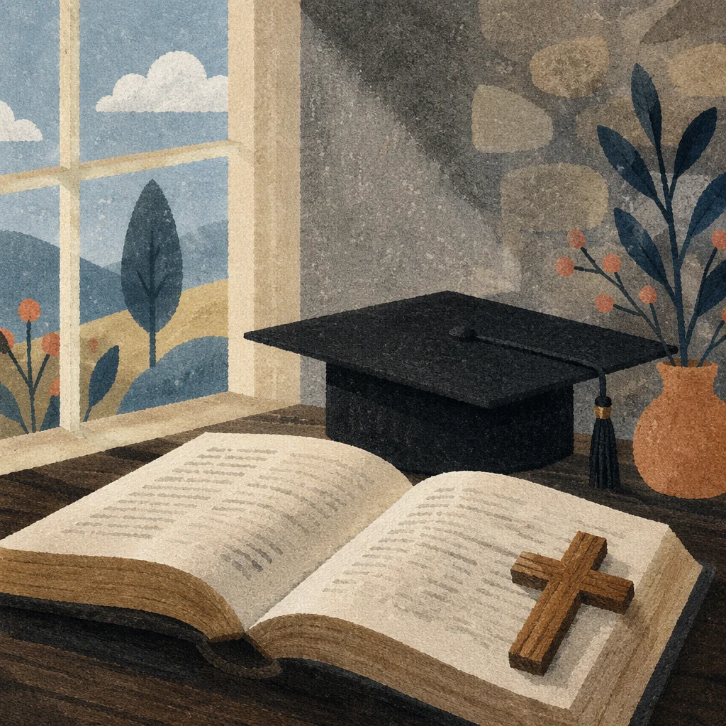 Graduation Cap Bible and Wooden Cross